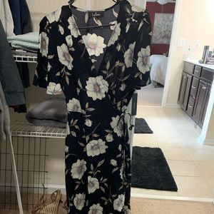 Navy blue floral print high low wrap dress